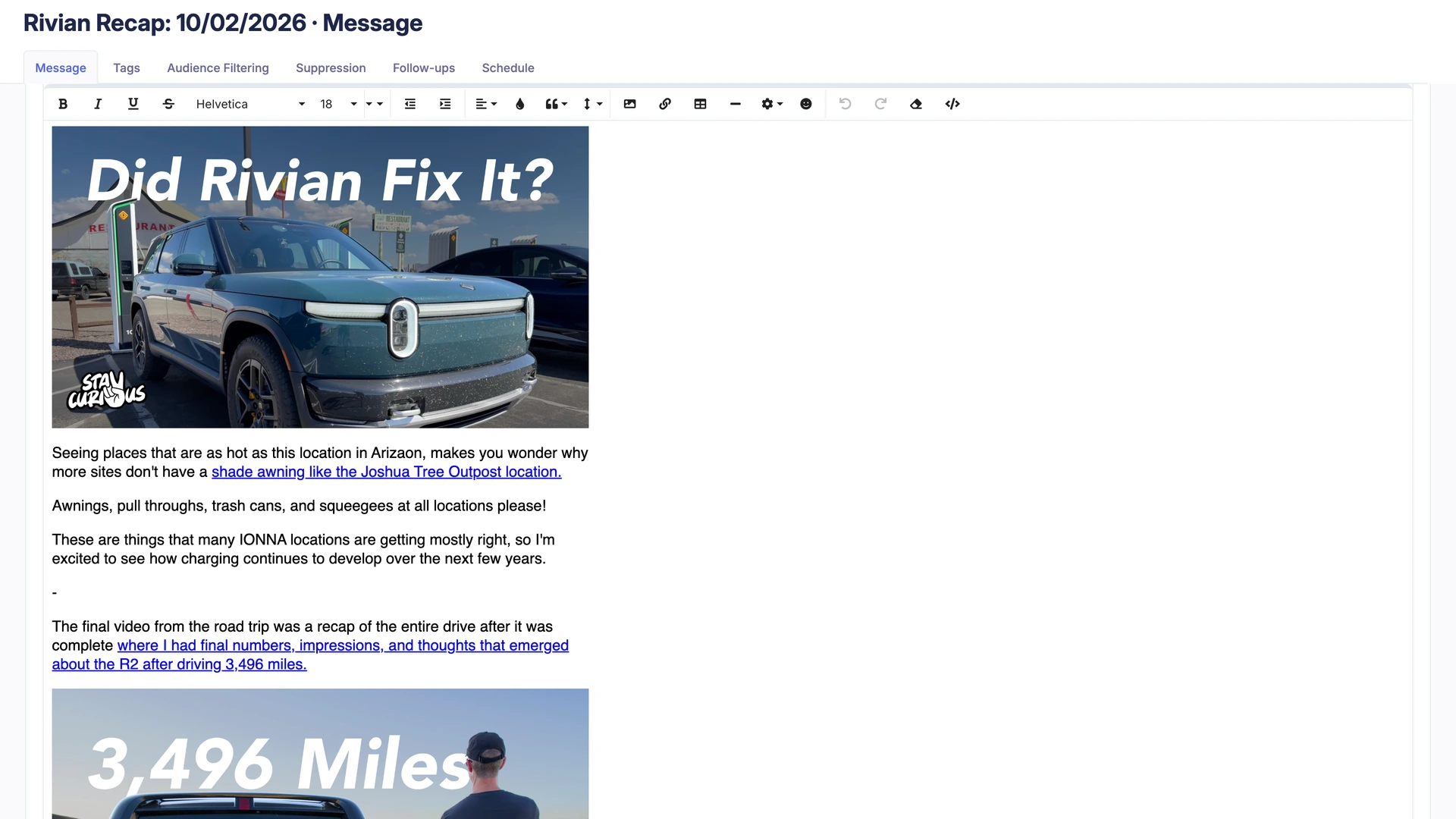 Campaign Refinery broadcast editor for Rivian Recap, showing the broadcast title, editing toolbar, first video with newsletter text, and part of a second video thumbnail.