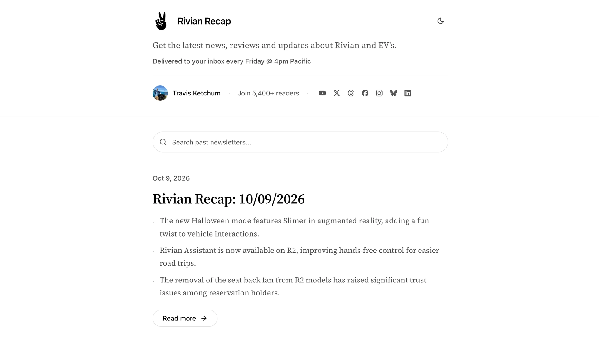 Rivian Recap hosted newsletter page, showing its publication header, newsletter search, and latest issue with a Read more link.