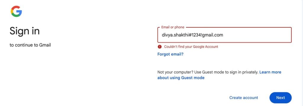 Example of invalid email address
