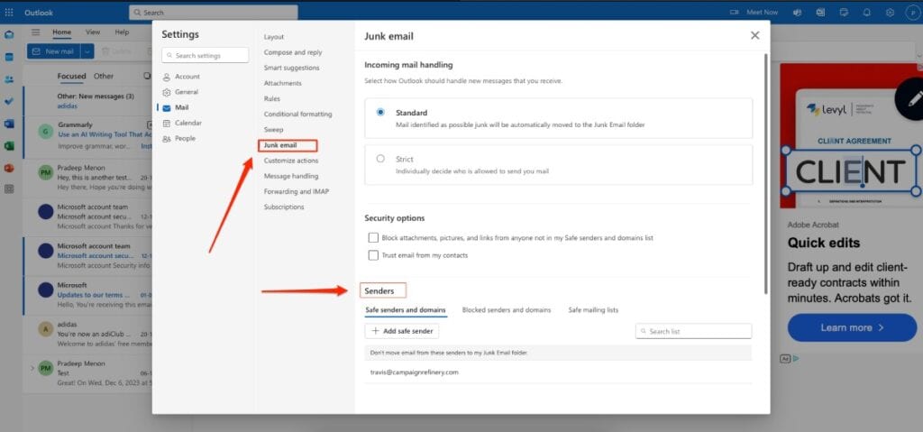 Junk email settings in Outlook Web