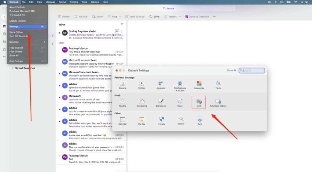 Outlook settings on Mac