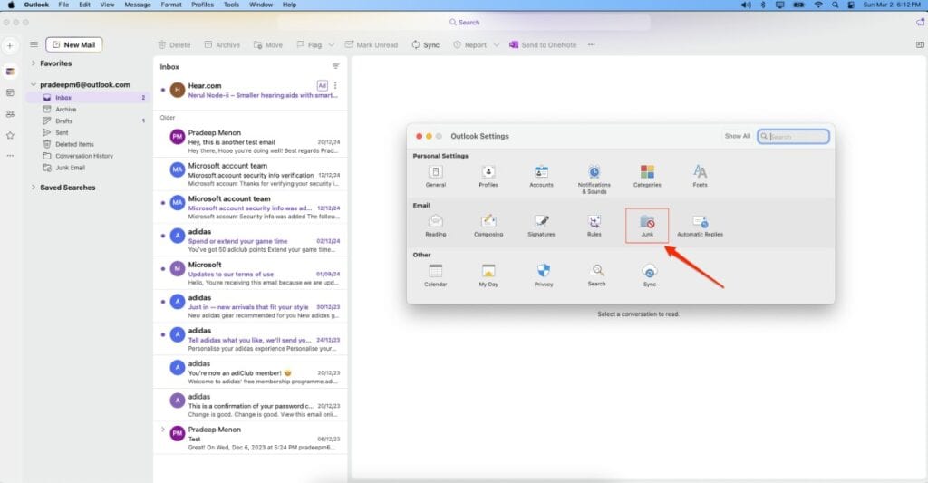 Outlook settings on outlook mac