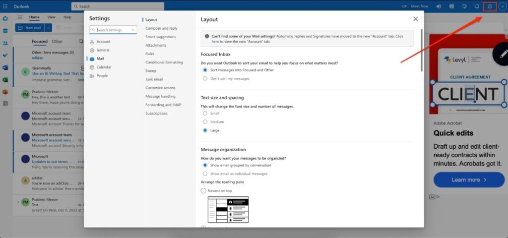 Outlook settings on outlook web