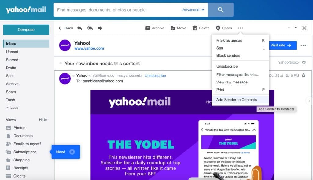 Add Safe Sender to Contacts in Yahoo Mail