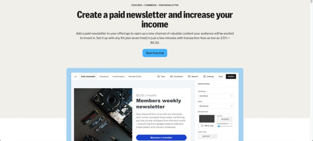 ConvertKit paid newsletter service page