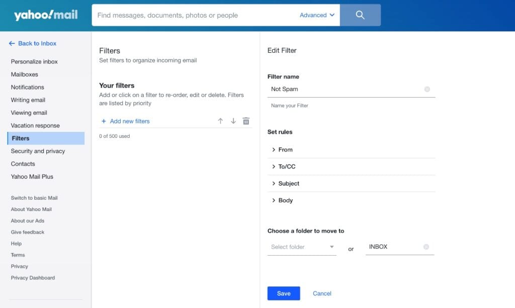 Create Filter in Yahoo Mail