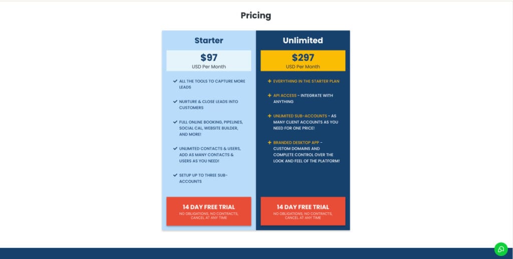 Gohighlevel pricing page