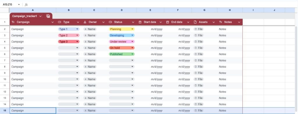 Google Sheets email calendar template