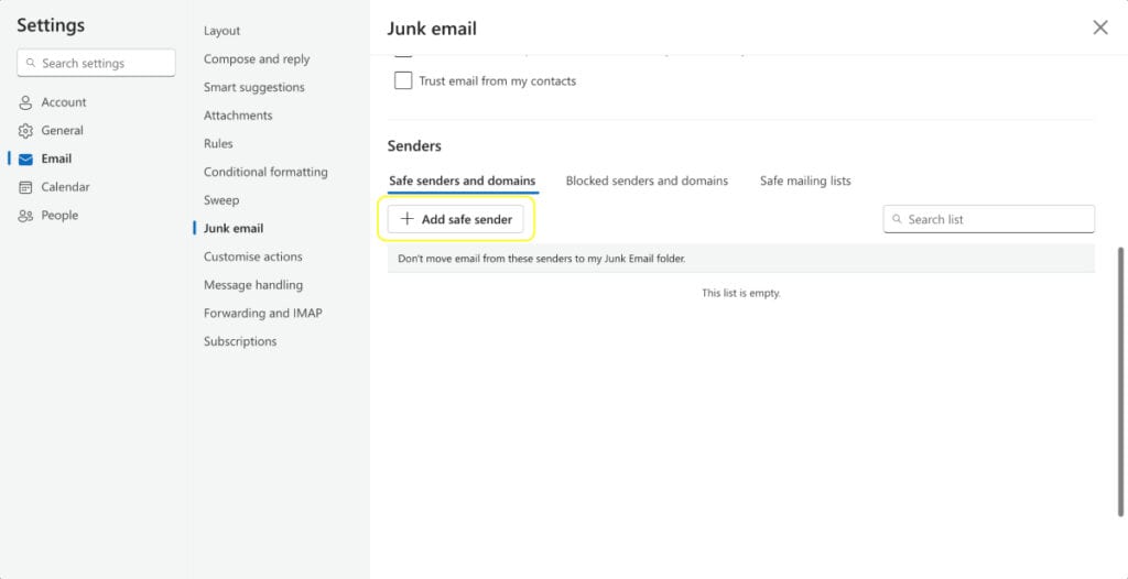 Whitelisting in outlook - Step 3