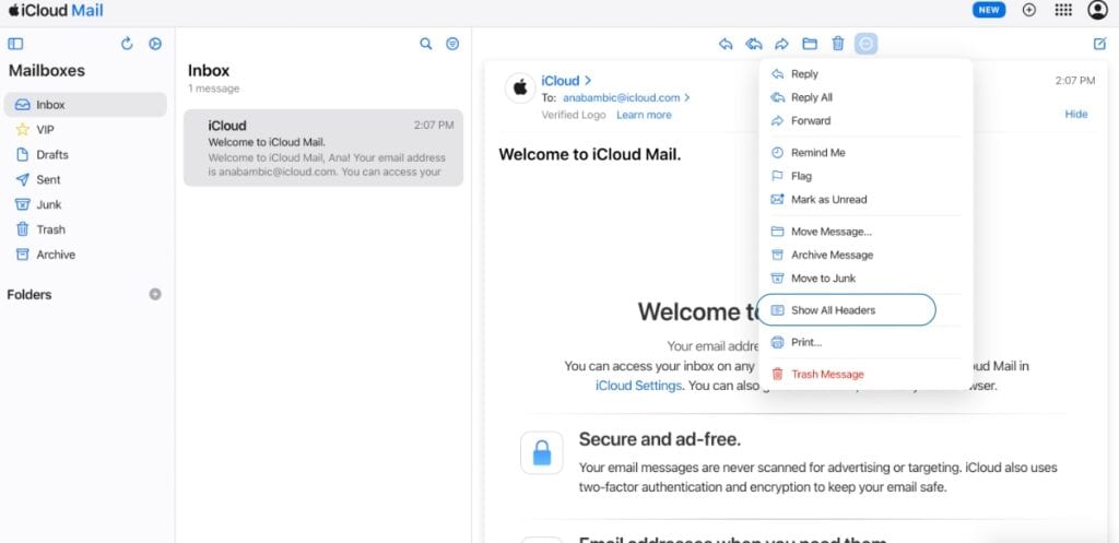 iCloud Email Header