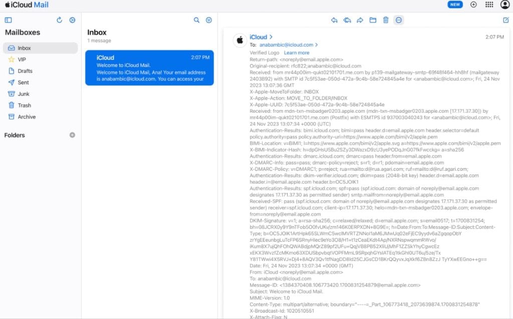 iCloud Email Header Technical - Full Header Code