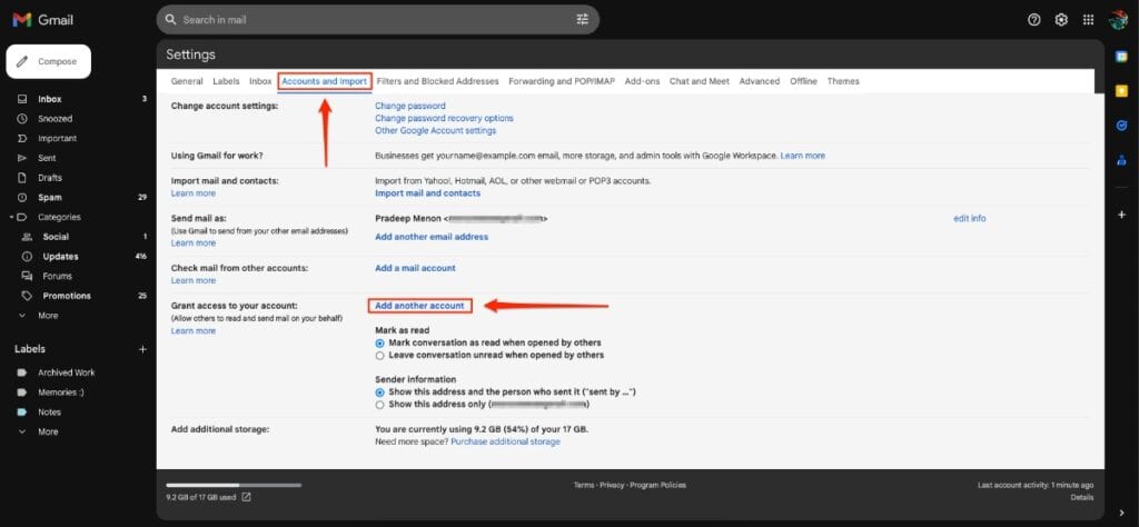 Accounts and Import in Gmail Settings