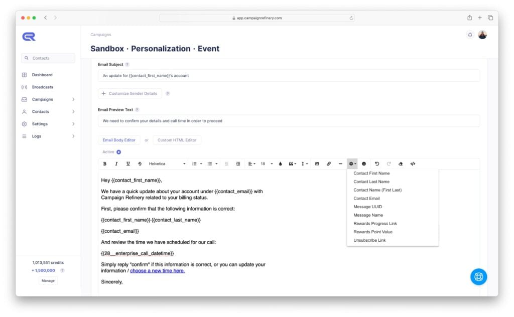 Campaign Refinery Personalization Options