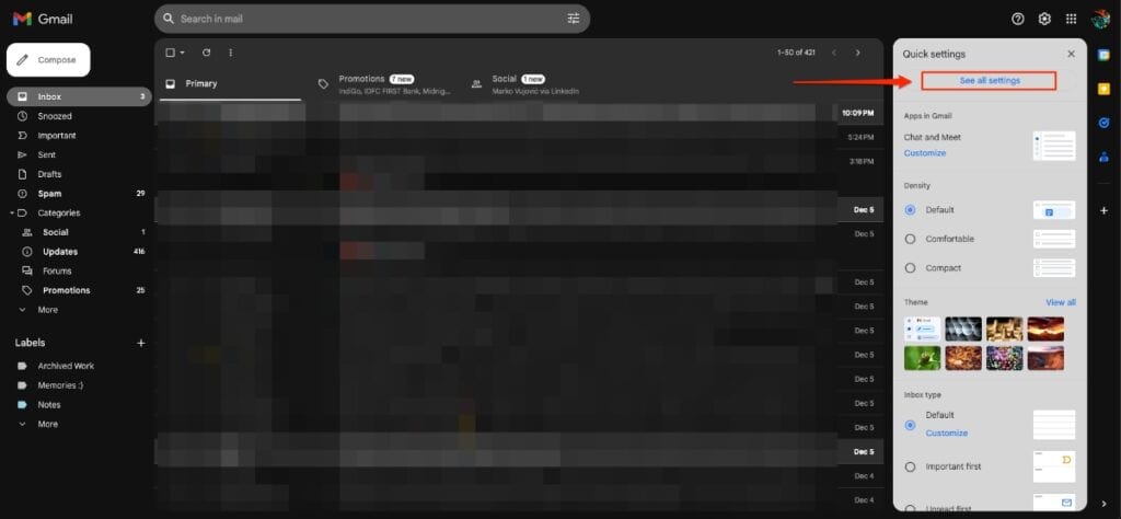 Gmail Settings Menu