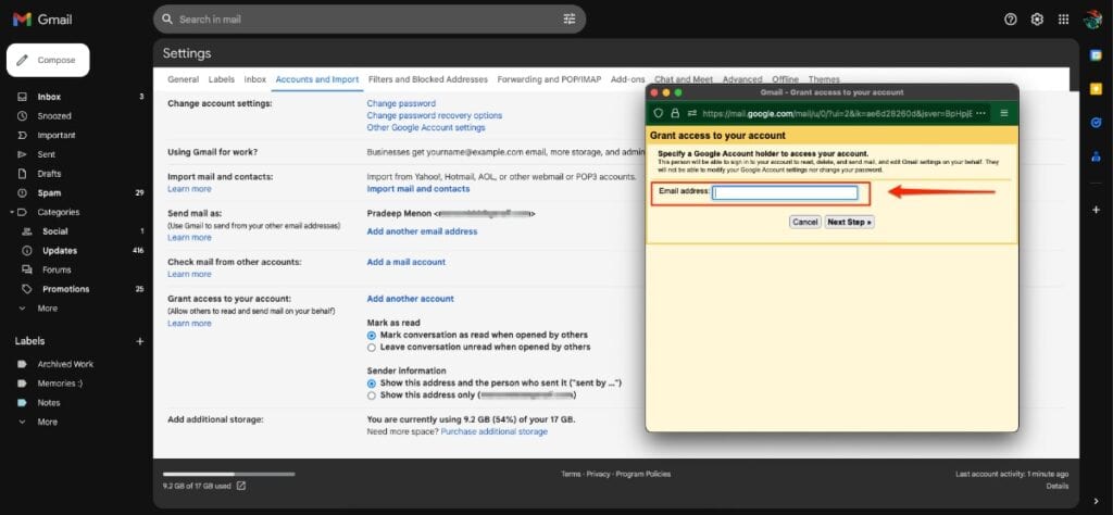 Granting VA access in Gmail