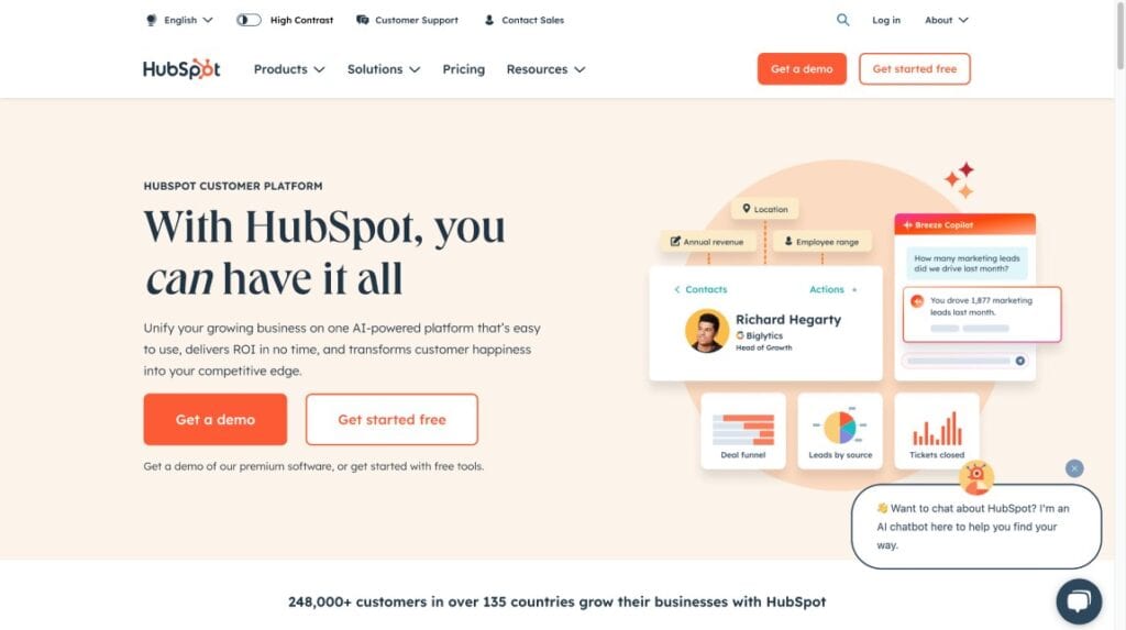 Hubspot homepage