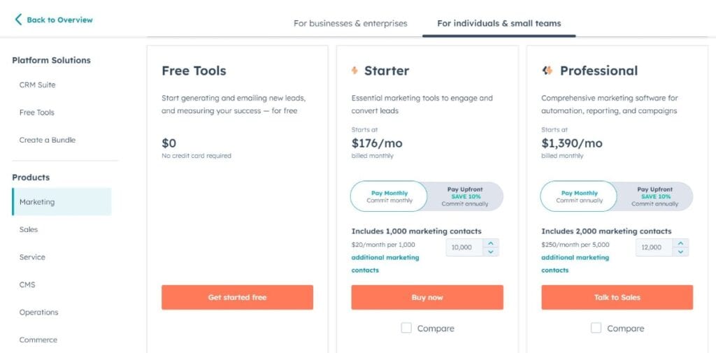Hubspot Pricing as Mailchimp alternative