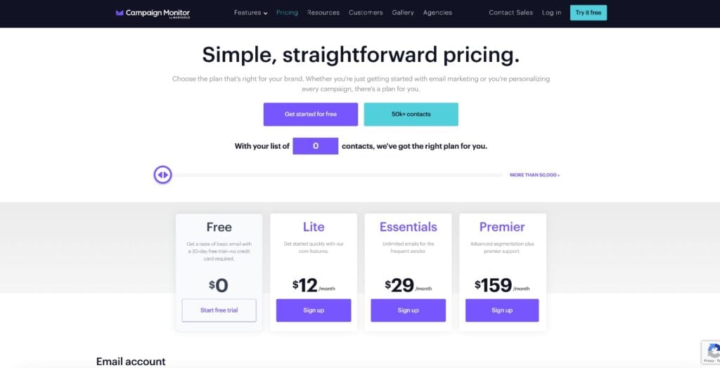 Campaign Monitor Pricing Page