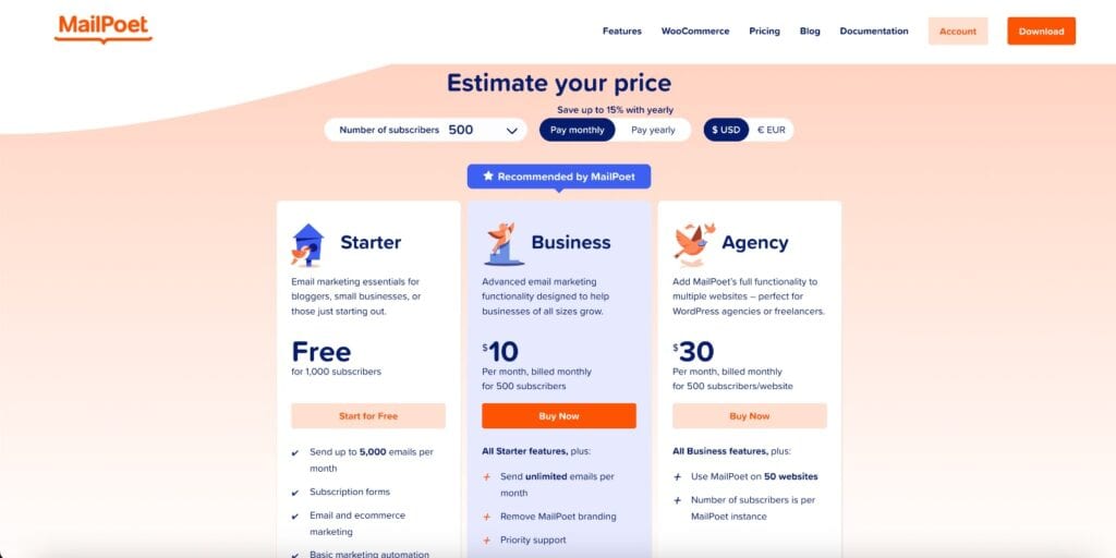 MailPoet Pricing page