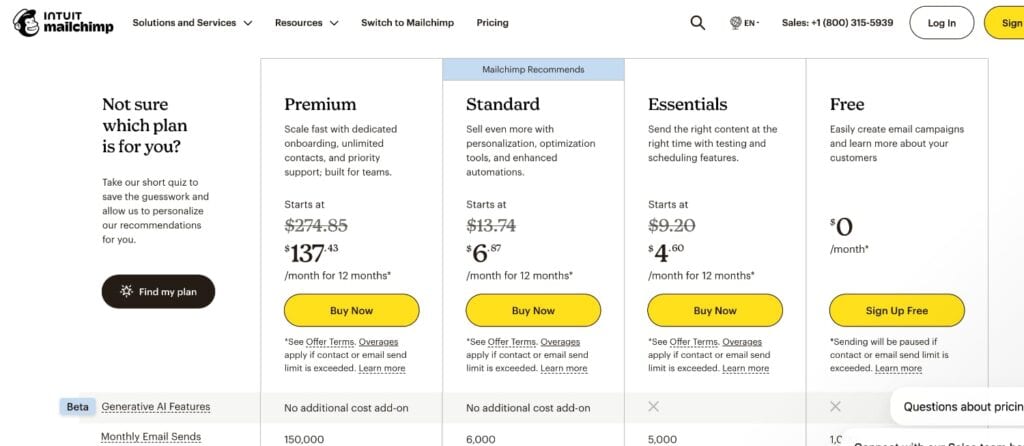 Mailchimp Pricing page