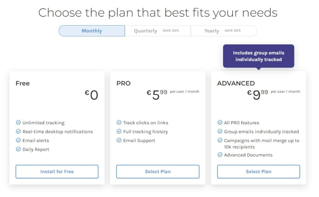 mailtrack Pricing Options