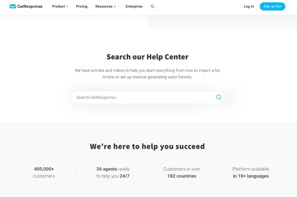 Getresponse customer support page