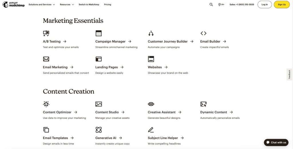 Mailchimp unique feature page