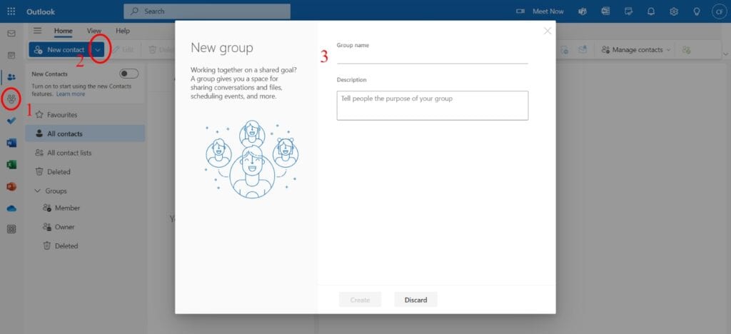 Create a new group in Outlook and give it a name