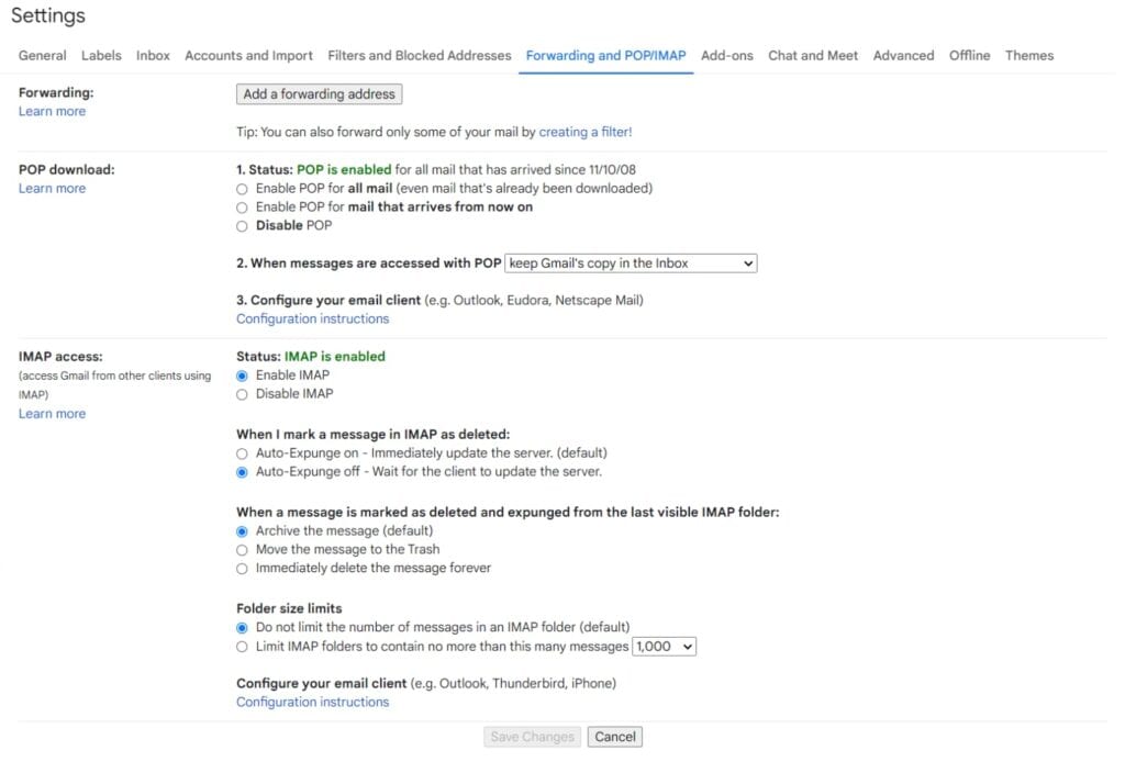 gmail server settings