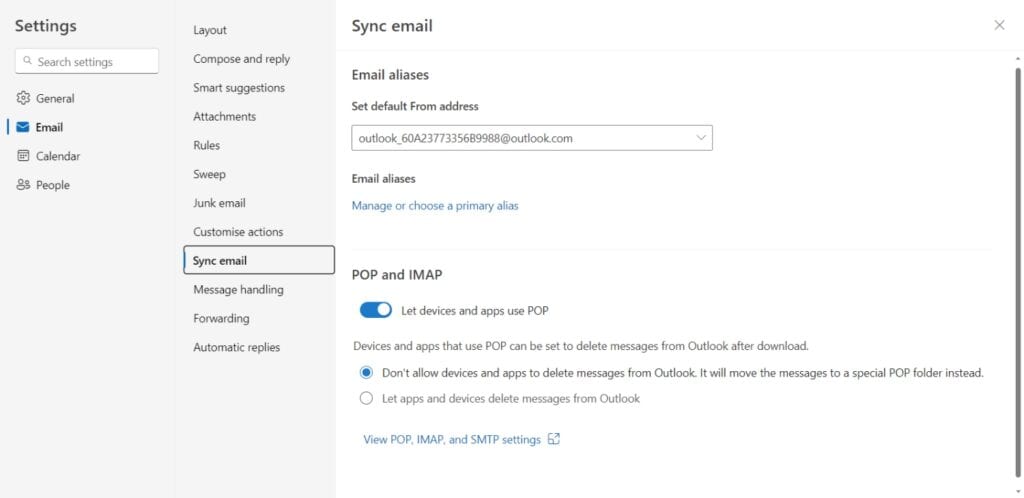 POP3 settings in Outlook