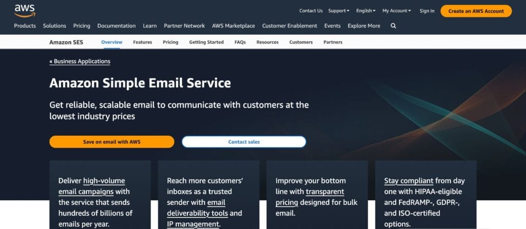Amazon SES homepage