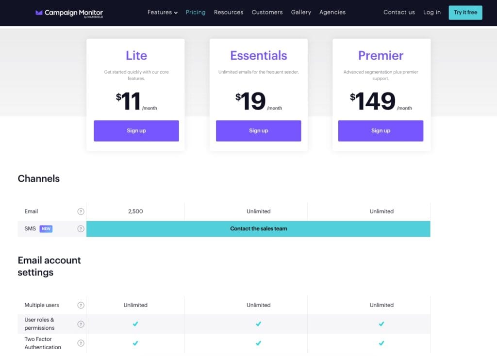 Campaign Monitor Pricing Page