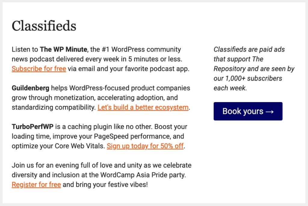 Classified Ad example from a newsletter