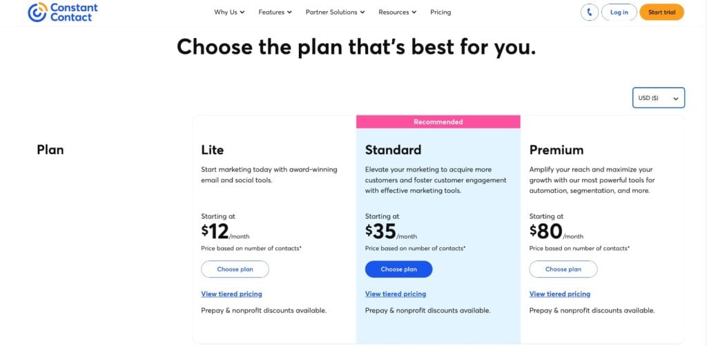 Constant contact pricing page as a Brevo alternative