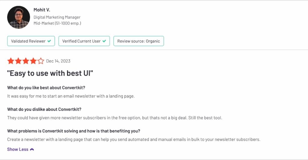 A positive user review of ConvertKit