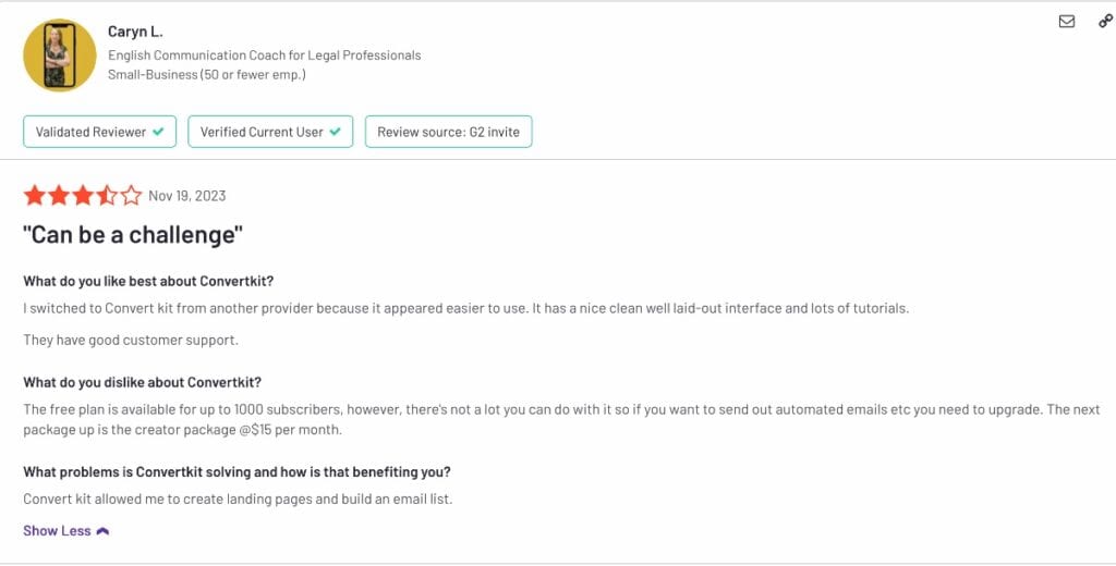A ConvertKit user complaining about the limited free tier