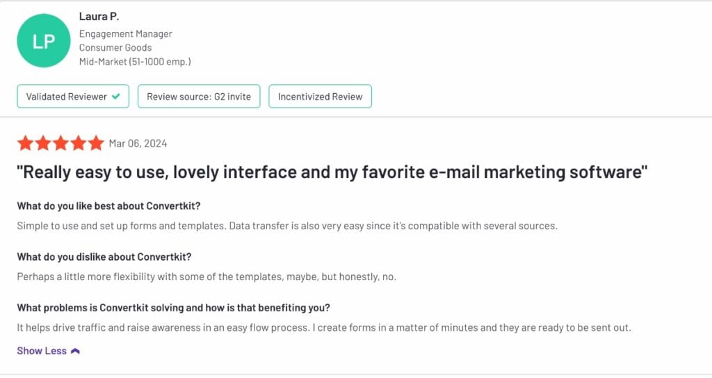 A positive user review about ConvertKit’s user interface