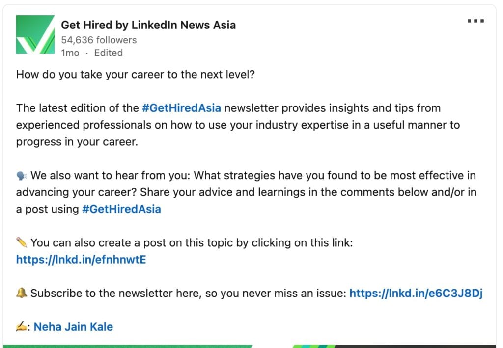 A screenshot of a LinkedIn post promoting the Get Hired Asia newsletter