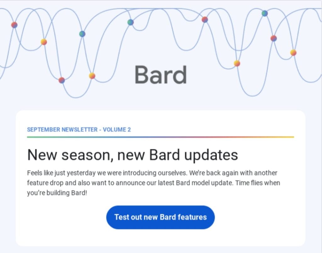 Google’s email announcing improvements to Bard