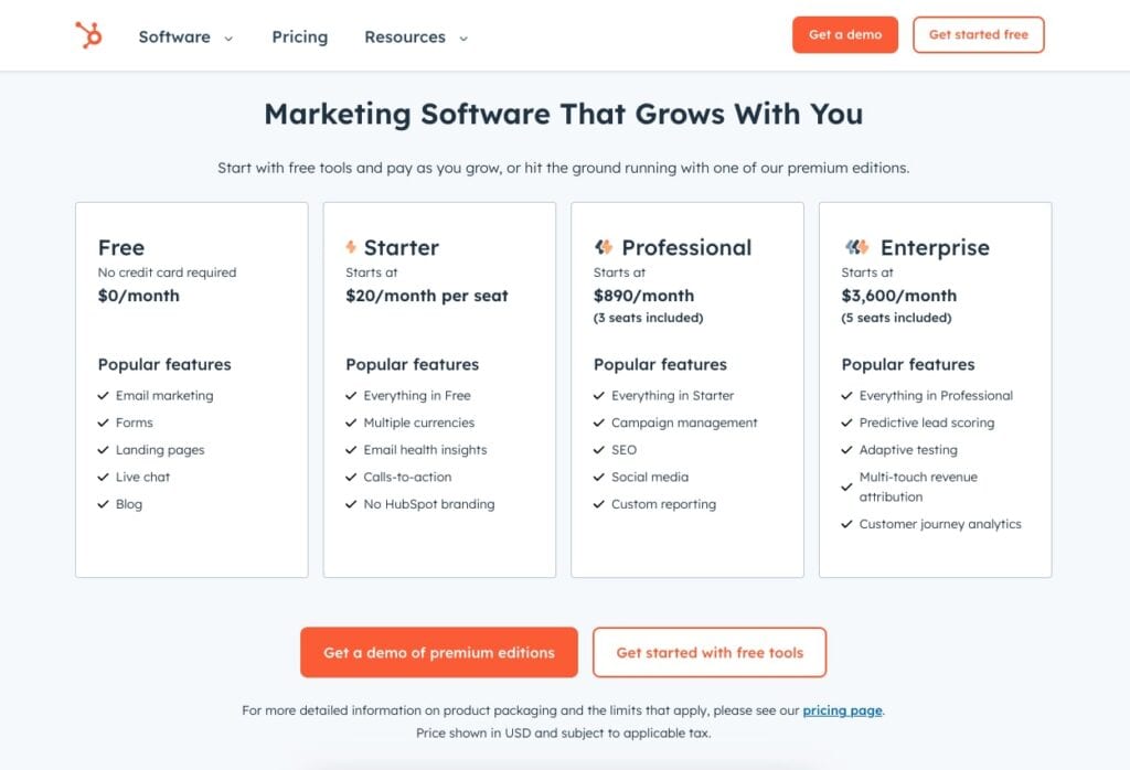 Hubspot Pricing Page