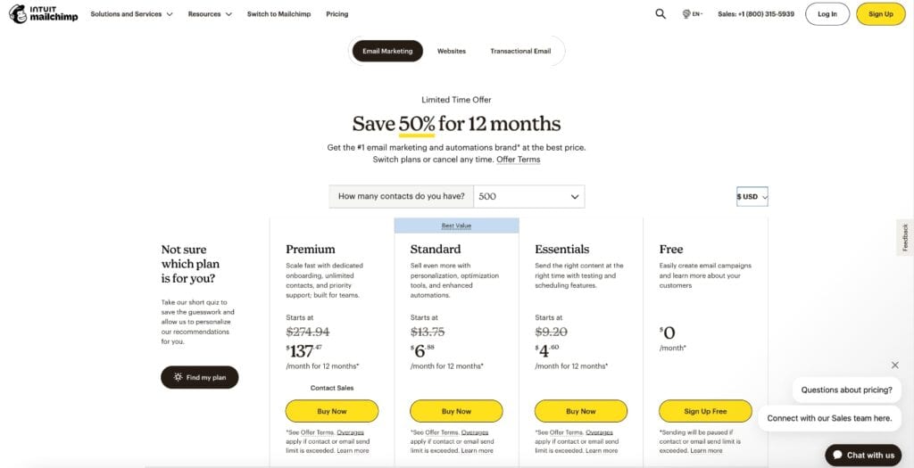 Mailchimp Pricing page as a Brevo alternative