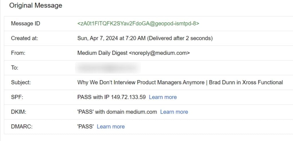 An email arriving its destination after two seconds