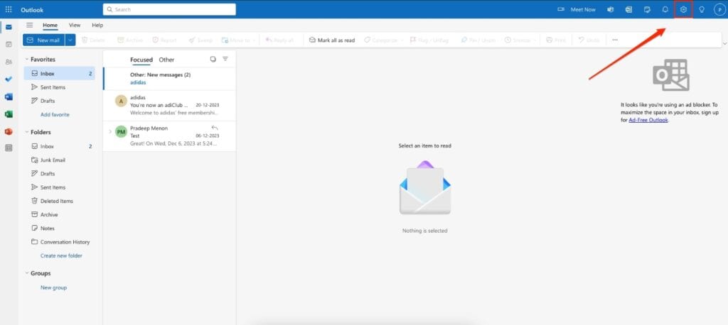 Adding a trusted sender on Outlook Web - Step 1