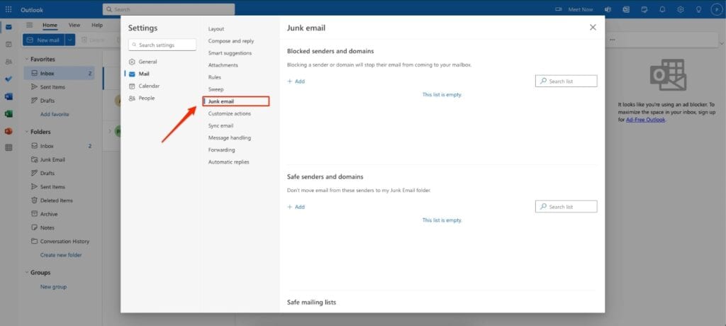 Adding a trusted sender on Outlook Web - Step 2