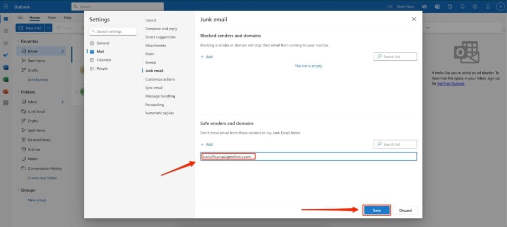 Adding a trusted sender on Outlook Web - Step 3