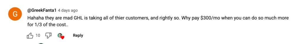 A YouTube comment on a video about the ClickFunnels vs GoHighLevel Lawsuit