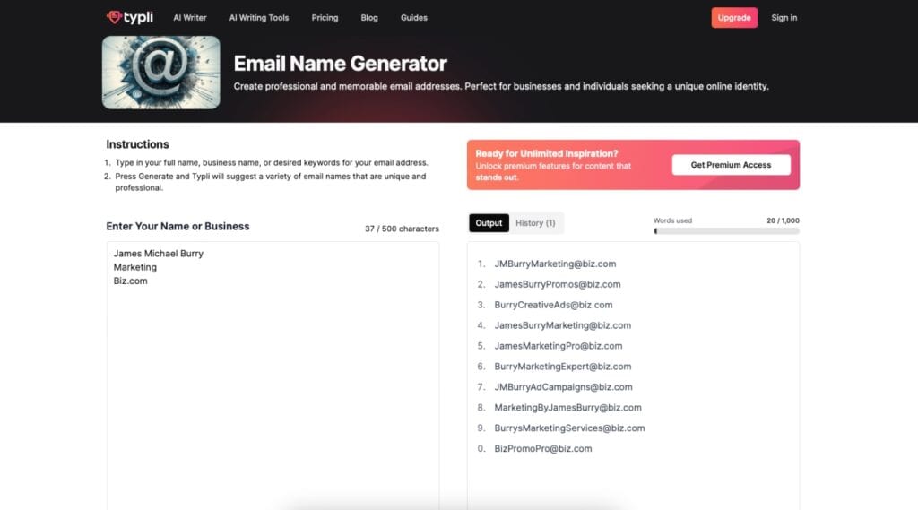 Typli email name generator