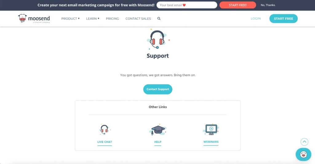 moosend customer support page
