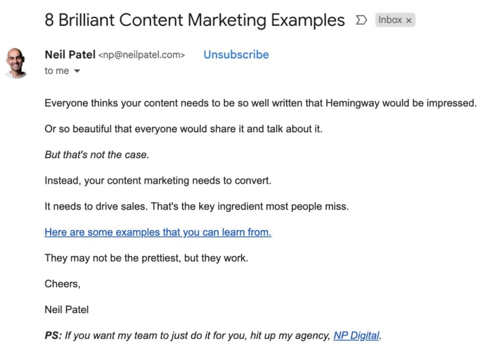 promotion of content marketing in an email