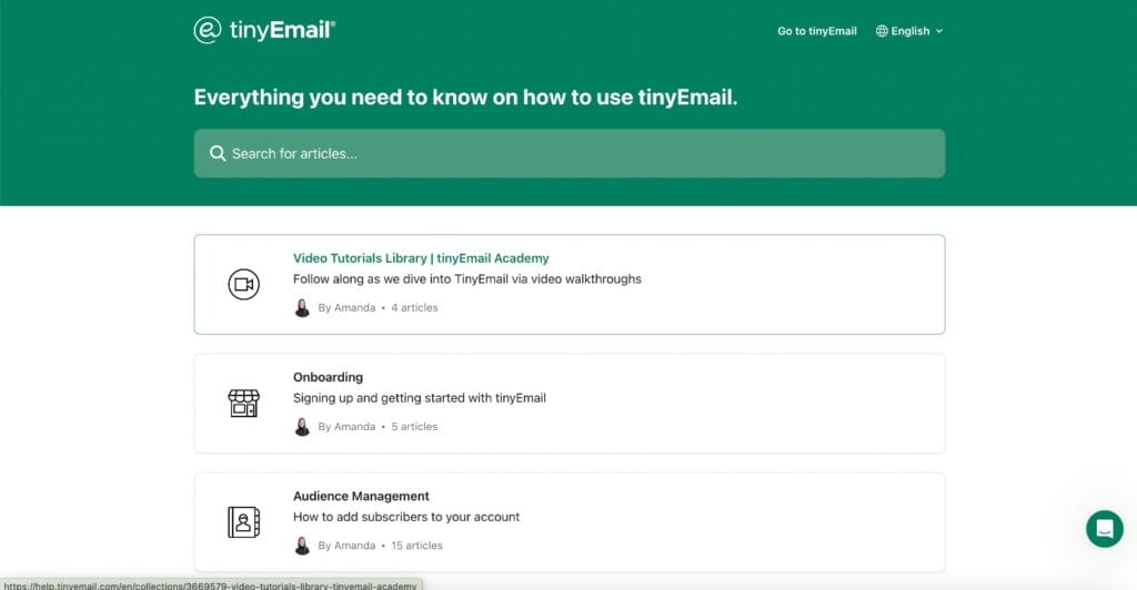tinyEmail customer support page